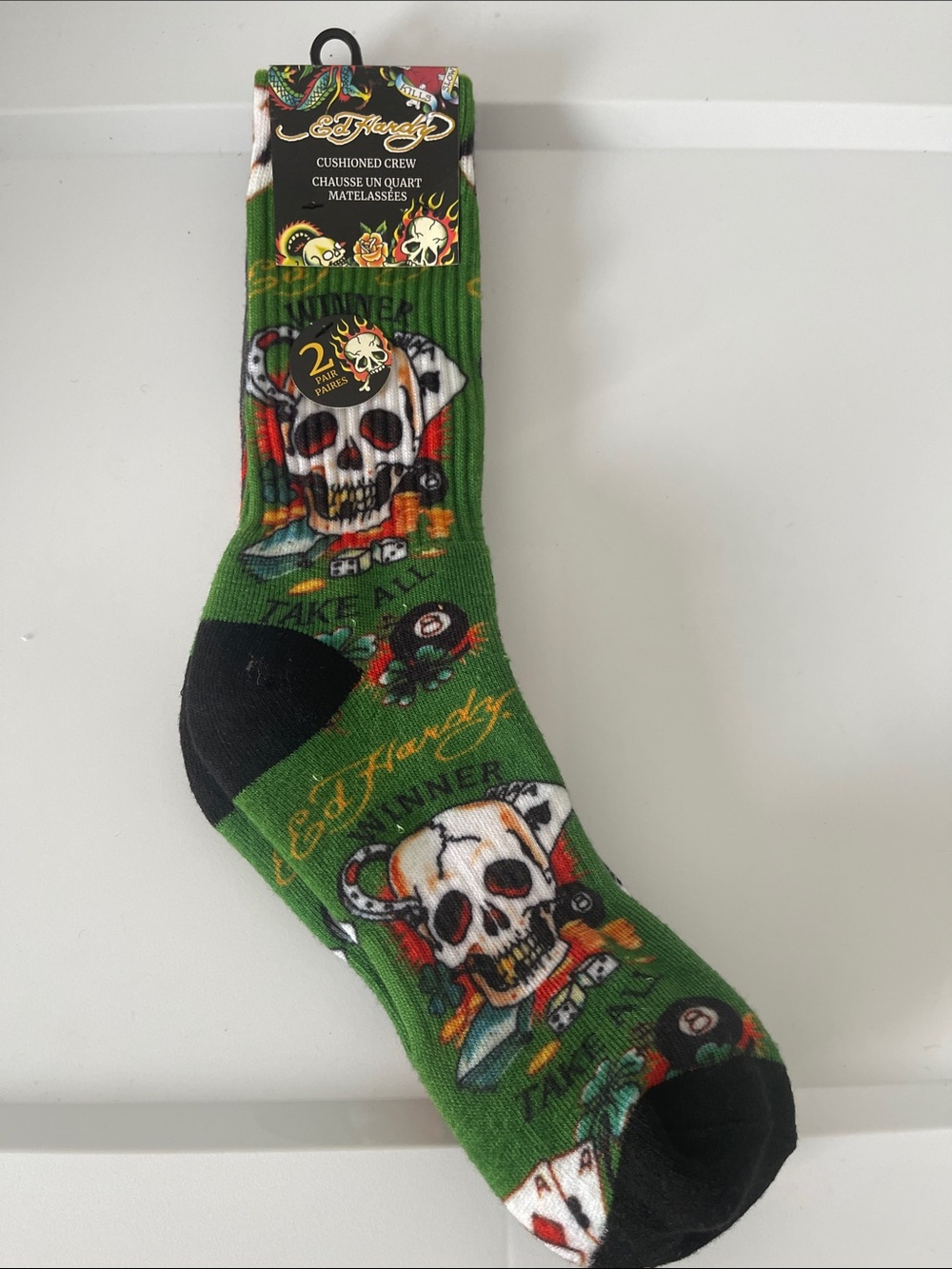 Ed Hardy 2 pair Crew Socks with Black Accents and Skull Motif